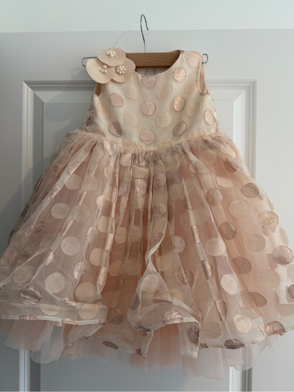 Girls Peach Polka Dot Party Dress with Flower Detail
